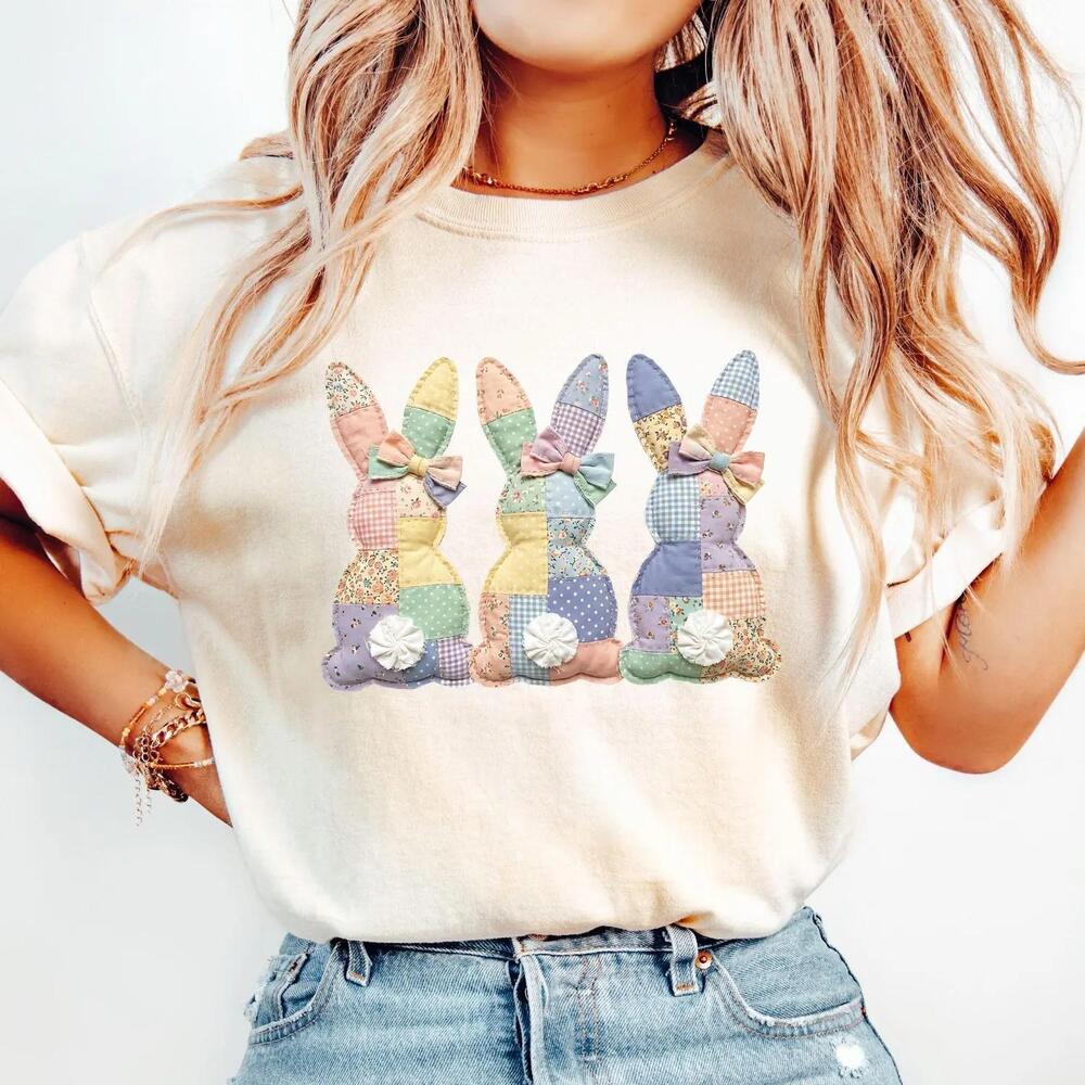 Faux Patchwork Bunny Shirt, Easter Shirt, Spring Floral Graphic Shirt
